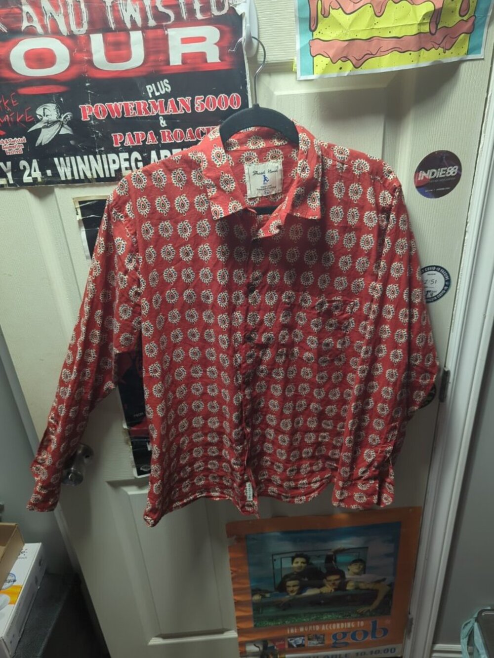 Streak Hawk Men's Cotton Button RED Circle Print Short Sleeve Shirt XL Boho
